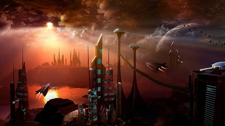 Seni digital fantasi seni lukisan, Cityscape futuristik sains fiksi bangunan menara matahari planet awan meteor pesawat ruang angkasa terbang sinar matahari, Wallpaper HD