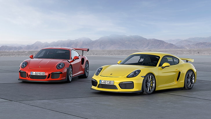 dwa żółte i czerwone coupe, Porsche 911 GT3 RS, samochód, Porsche Cayman GT4, czerwone auta, żółte auta, Tapety HD