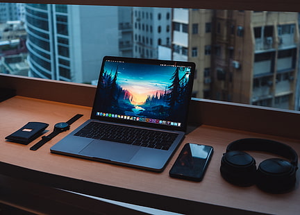 노트북, 헤드폰, 창, 스마트 폰, 책상, 시계, HD 배경 화면 HD wallpaper