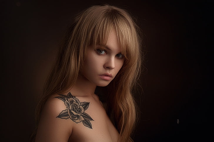 rose tattoo, women, Anastasia Scheglova, blonde, tattoo, face, portrait, model, HD wallpaper