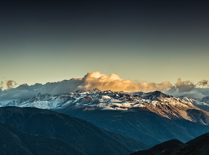 Mountain Range Panoramic View HD Wallpaper, white and brown mountain range, Nature, Mountains, Sunrise, Earth, Serenity, Travel, Beautiful, Landscape, Morning, Asia, Calm, Clouds, Scenic, Range, Explore, Himalaya, Himalayas, mountainrange, HD wallpaper