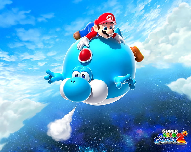 Super Mario Galaxy 2 application screenshot, mario, air balloon, yoshi, blue, super mario galaxy 2, HD wallpaper