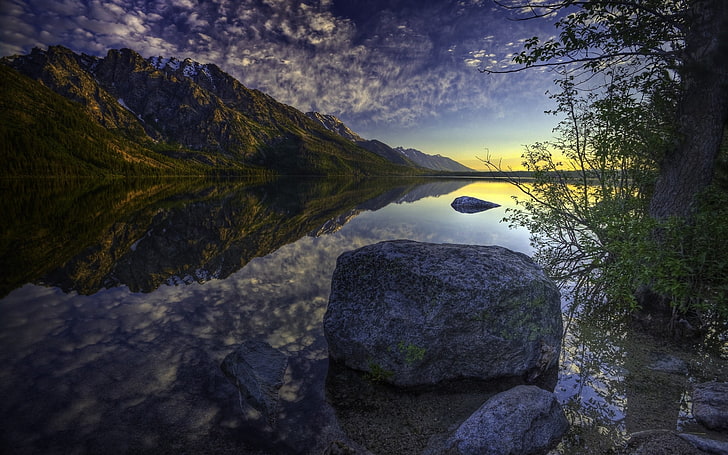 gray rock, stone, gray, mountains, reflection, lake, HD wallpaper