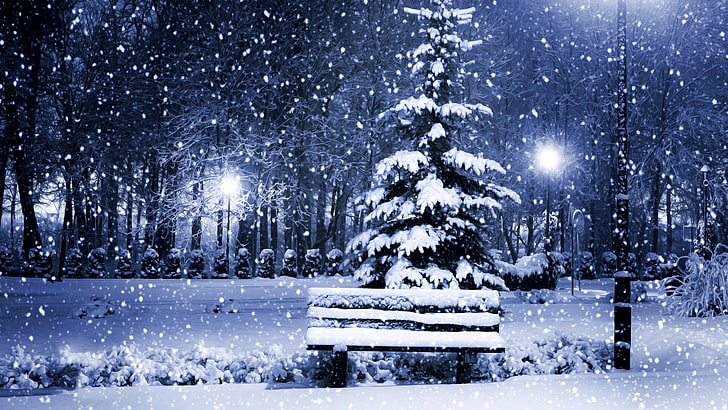 クリスマス、雪、降雪、雪、ベンチ、クリスマス、冬、冬の季節、公園、雪、冬、イラスト、8k、8k uhd、 HDデスクトップの壁紙