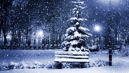 рождество, снег, снегопад, снег, скамейка, рождество, зима, зимний сезон, парк, снежный, зима, иллюстрация, 8k, 8k uhd, HD обои HD wallpaper