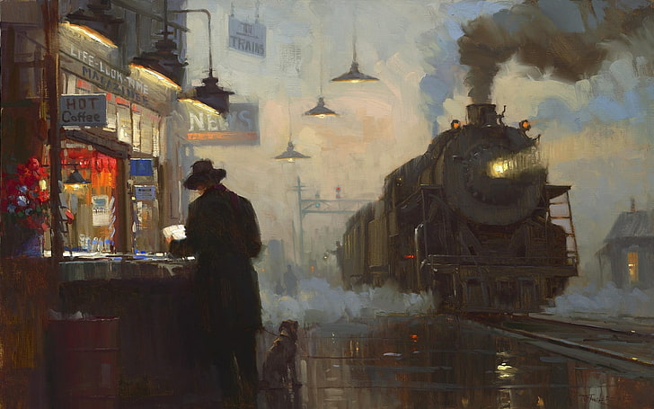обои винтажный черный поезд, железная дорога, вокзал, живопись, паровоз, поезд, винтаж, классическое искусство, знаки, картина маслом, дождь, дым, мужчины, собака, произведение искусства, транспортное средство, HD обои