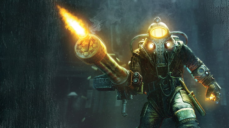 game character illustration, BioShock 2, video games, Big Daddy, Rapture, sea, BioShock, HD wallpaper
