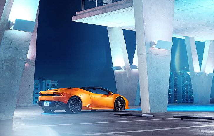 Lamborghini Huracan, Lamborghini, รถ, รถสีส้ม, รถหรู, เหนือจริง, กลางคืน, ฟ้า, น้ำเงิน, ส้ม, วอลล์เปเปอร์ HD