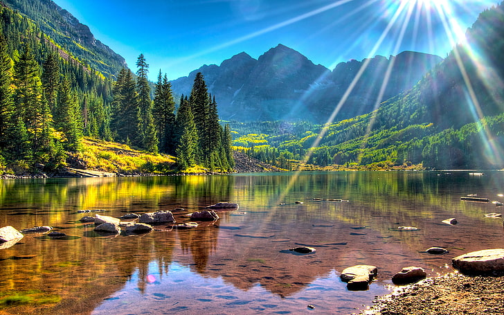 Lake Maroon Bells Usa Colorado Mountains With Green Forest Clear Water, Sunlight, HD wallpaper