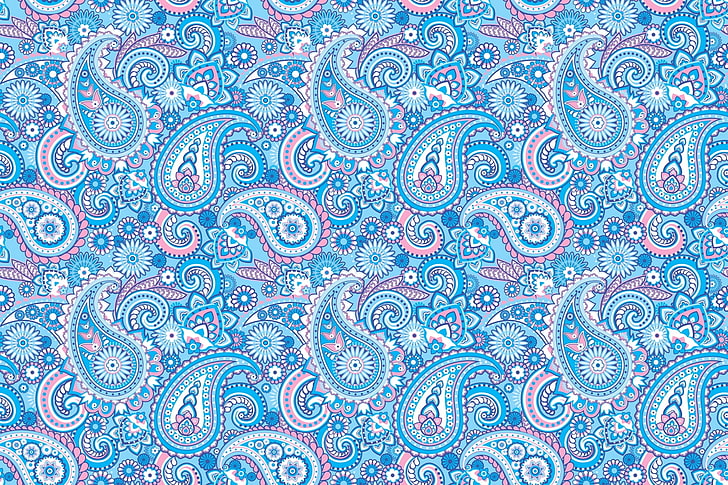 blå, rosa och vit paisely illustration, mönster, mönster, struktur, blå, rosa, HD tapet