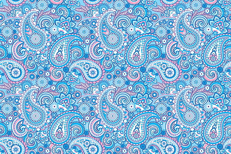 biru, merah muda, dan putih paisely ilustrasi, pola, pola, tekstur, biru, merah muda, Wallpaper HD HD wallpaper