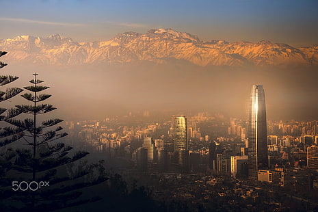 Luz, montañas, la ciudad, niebla, neblina, Chile, Santiago, Fondo de pantalla HD HD wallpaper
