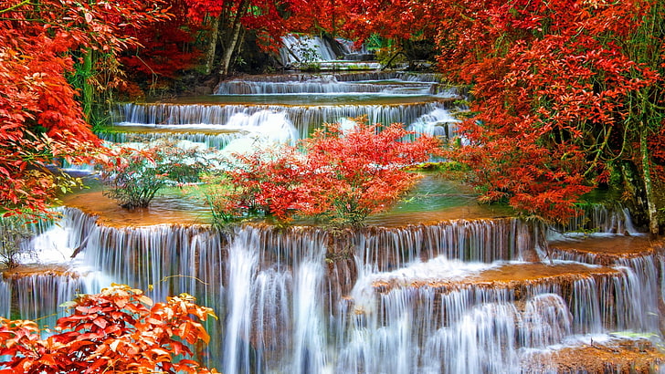 biało-czerwona kwiecista zasłona okienna, strumień, długa ekspozycja, jesień, czerwone liście, potoki, przyroda, wodospad, Tapety HD