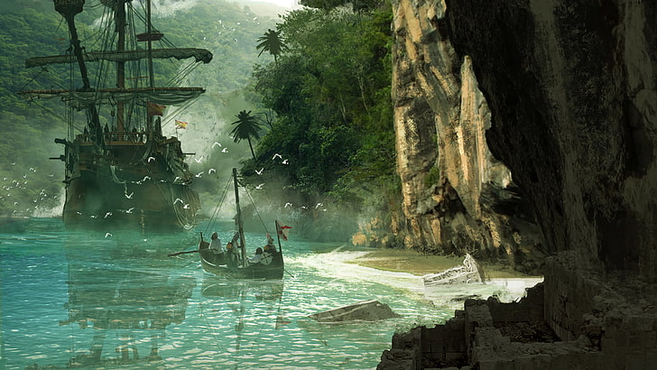 ilustracja statku i łodzi galeonu, łódź, wyspa, jaskinia, krajobraz, Assassin's Creed, Blake Rottinger, Tapety HD