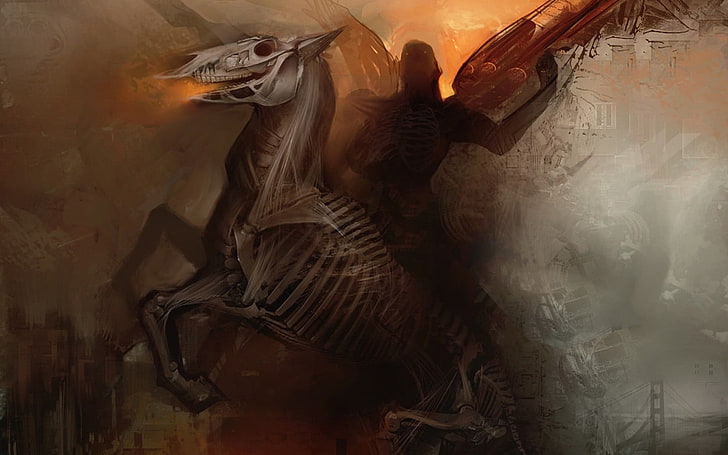 Persona montando en esqueleto marrón caballo pintura, guerrero, caballo, Fondo de pantalla HD