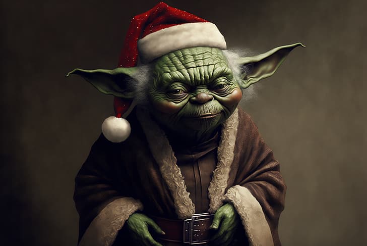 AI art, Christmas, Star Wars, Yoda, Santa hats, HD wallpaper