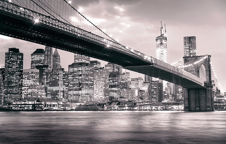 Brooklyn Bridge, New York, night, the city, lights, river, building, New York, skyscrapers, black and white, USA, Manhattan, Brooklyn, NYC, New York City, Brooklyn Bridge, East River, HD wallpaper