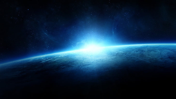 foto de la Tierra desde el fondo de pantalla del espacio exterior, arte espacial, brillante, horizonte, espacio, planeta, arte digital, cian, azul, Fondo de pantalla HD