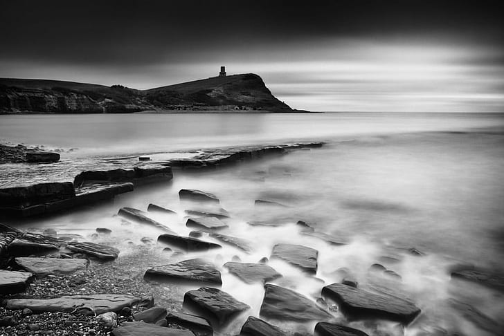 grayscale photo of ocean wave on rocks, Kimmeridge Bay, grayscale, photo, ocean wave, rocks, Coast, Dorset, LE, Long Exposure, sea, nature, black And White, rock - Object, coastline, beach, water, landscape, seascape, outdoors, sunset, scenics, HD wallpaper