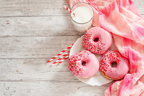 pink, donuts, milk, food, donut, sweets, HD wallpaper HD wallpaper