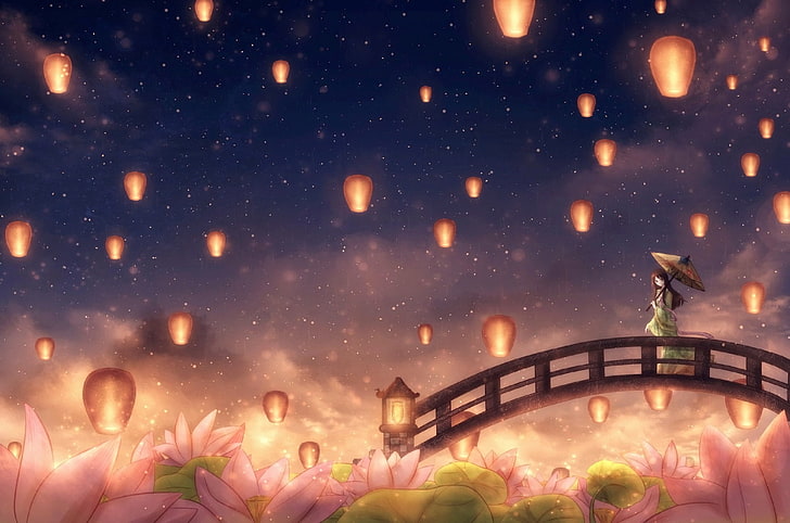 Аниме, оригинал, мост, цвете, момиче, фенер, светлина, нощ, звезди, чадър, HD тапет
