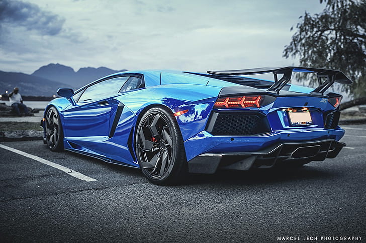 auto, Lamborghini, Lamborghini Aventador, veicolo, supercar, auto blu, Sfondo HD