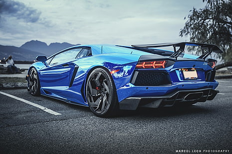 auto, Lamborghini, Lamborghini Aventador, veicolo, supercar, auto blu, Sfondo HD HD wallpaper