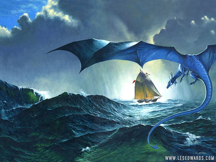 blue dragon flying toward ship painting, dragon, HD wallpaper