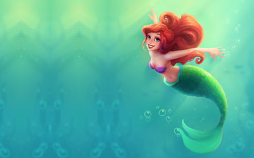 hav, vatten, tecknad film, berättelse, konst, prinsessa, Ariel, den lilla sjöjungfrun, liten sjöjungfru,., Ulyana Konichenkova, HD tapet HD wallpaper