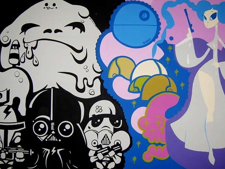 postaci z kreskówek tapety cyfrowe, graffiti, ściana, Tapety HD