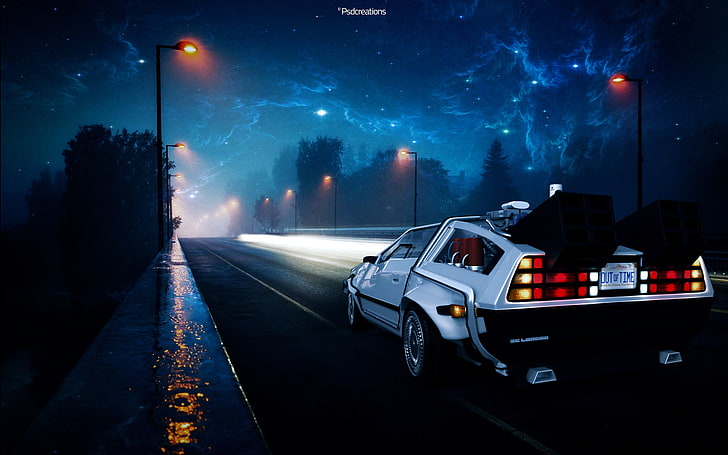 серебристый DMC Delorean illustration, Назад в будущее, DeLorean, улица, ночь, цифровое искусство, фан-арт, фэнтези-арт, иллюстрация, HD обои