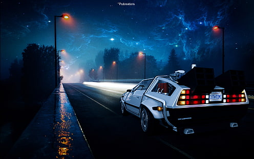 серебристый DMC Delorean illustration, Назад в будущее, DeLorean, улица, ночь, цифровое искусство, фан-арт, фэнтези-арт, иллюстрация, HD обои HD wallpaper
