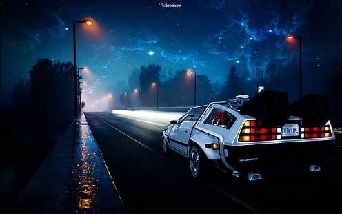 фэнтези-арт, фан-арт, иллюстрация, DeLorean, цифровое искусство, Назад в будущее, улица, ночь, HD обои HD wallpaper