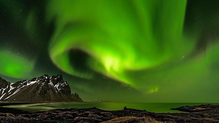 doğa, Aurora borealis, yeşil, atmosfer, Olgu, gökyüzü, peyzaj, Astrofotografi, Norveç, AB, Avrupa, Lofoten, Reinefjord, Reinebringen dağ, HD masaüstü duvar kağıdı