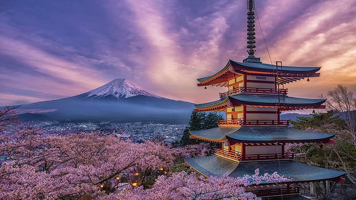 Религиозни, пагода, черешов цвят, Япония, връх Фуджи, Сакура, пролет, HD тапет
