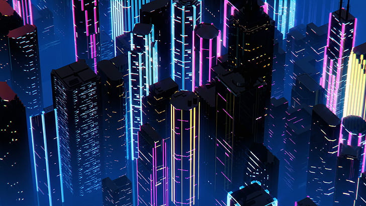 Night, Music, The city, Neon, Background, Synth, Retrowave, Synthwave, New Retro Wave, Futuresynth, Sintav, Retrouve, Outrun, Synthwave Style, SynthEx, Skyscrapers With Neon Lights In Night City, By SynthEx, HD wallpaper