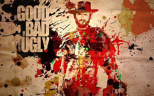 Poster The Good The Bad and The Ugly, The Good The Bad dan The Ugly, Clint Eastwood, film, cat splatter, barat, Wallpaper HD HD wallpaper