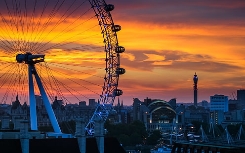 London, Inggris, Ferris wheel, matahari terbenam, kota, rumah, ferris wheel putih dan hitam, London, Inggris, Ferris, Wheel, Sunset, City, House, Wallpaper HD HD wallpaper