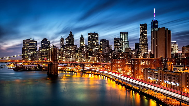 high-rise buildings, road, night, the city, lights, river, building, New York, skyscrapers, the evening, backlight, shadows, USA, Brooklyn, Manhattan, NYC, New York City, Brooklyn Bridge, East River, HD wallpaper