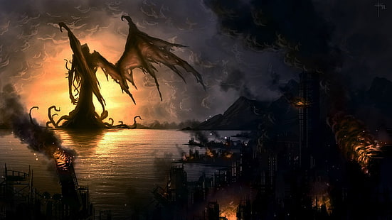 schwarze Burg digitale Tapete, apokalyptisch, Cthulhu, Cthulu, Horror, Kreatur, HD-Hintergrundbild HD wallpaper