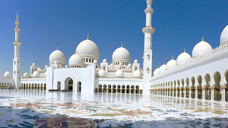 masjid putih, Abu Dhabi, arsitektur Islam, arsitektur, sinar matahari, lengkungan, marmer, masjid, Wallpaper HD
