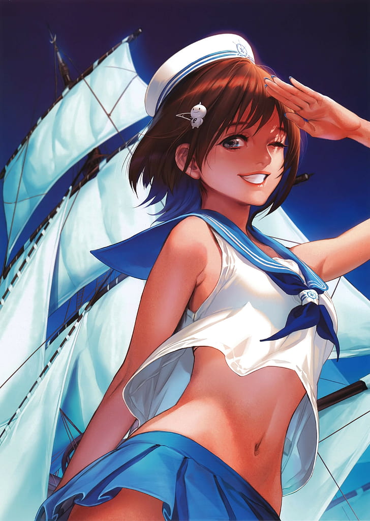 seragam pelaut, gadis anime, tersenyum, Midori Fuu, mengedipkan mata, rok, Wallpaper HD, wallpaper seluler