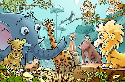 assorted animals illustration, animals, cartoon, drawing, HD wallpaper HD wallpaper