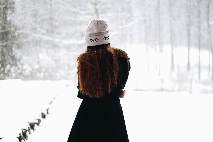 women's brown and black eyelash-printed knitted cap, girl, winter, hat, funny, HD wallpaper