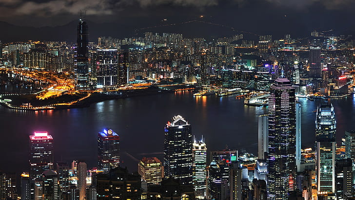paisagem urbana, hong kong, luzes, arranha céu, HD papel de parede