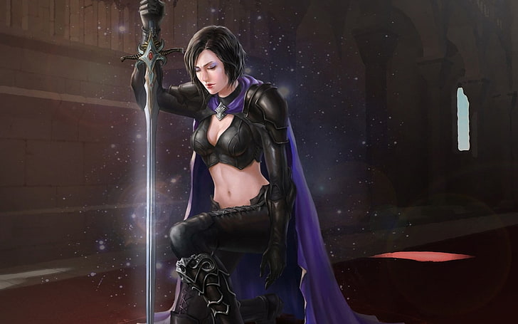 женский анимационный персонаж с мечом на коленях иллюстрация, фэнтези арт, меч, HD обои