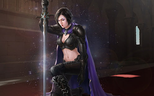 karakter animasi wanita memegang pedang sambil berlutut ilustrasi, seni fantasi, pedang, Wallpaper HD HD wallpaper