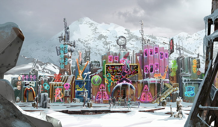 colores variados de bicicletas urbanas, Guardians of the Galaxy Vol.2, arte conceptual, Contraxia, neón, Yondu Udonta, burdel, nieve, devastadores, montañas, ciencia ficción, Guardianes de la Galaxia, Fondo de pantalla HD