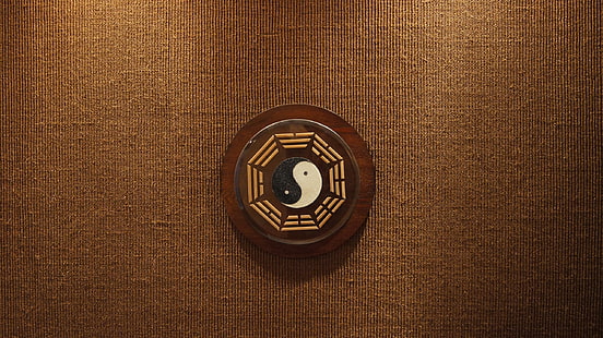yin-yang wall decor, background, tree, sign, texture, symbol, brown, beige, Yin-Yang, HD wallpaper HD wallpaper