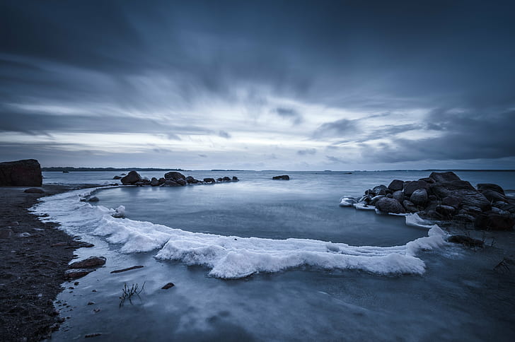 gray rock formation beside body of water, Lagoon, gray rock, rock formation, body of water, nikon  d600, nikkor, 35mm, kotka, finland, winter, outdoor, morning, ice  cold, cold  blue, sea, nature, beach, sunset, rock - Object, landscape, coastline, water, iceland, seascape, sky, dusk, scenics, cloud - Sky, outdoors, HD wallpaper